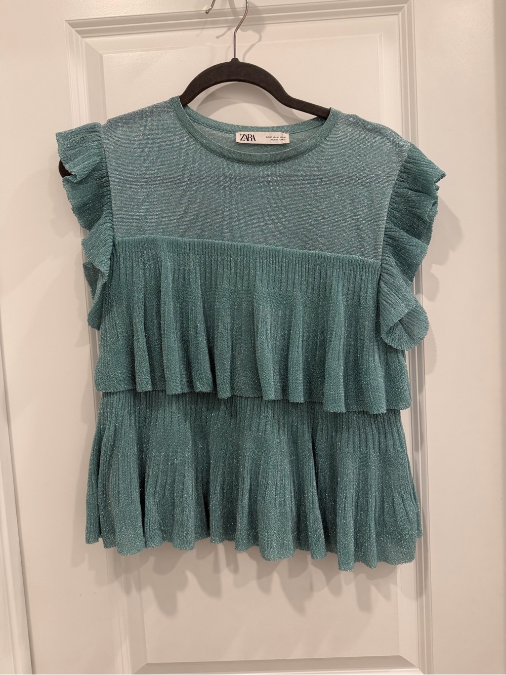 Zara Teal Shimmer Ruffle Sleeveless Top
